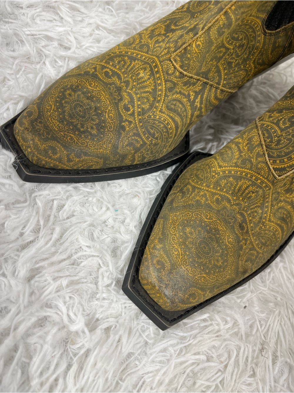 John Fluevog Yellow Paisley Diana Chelsea Booties with Black Trim - Picture 4 of 11